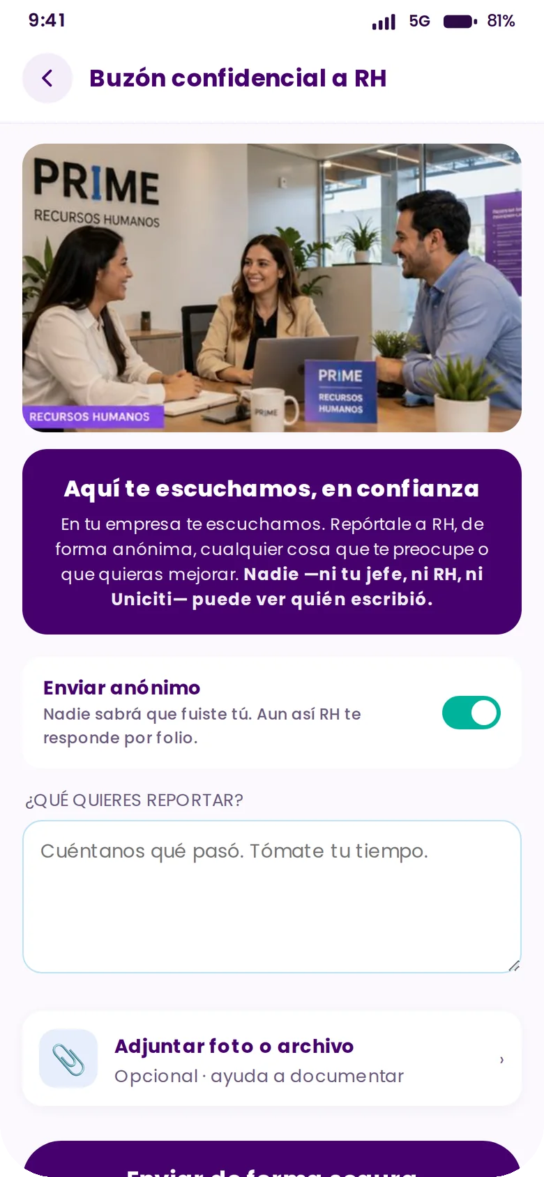 Buzón confidencial a RH en la app