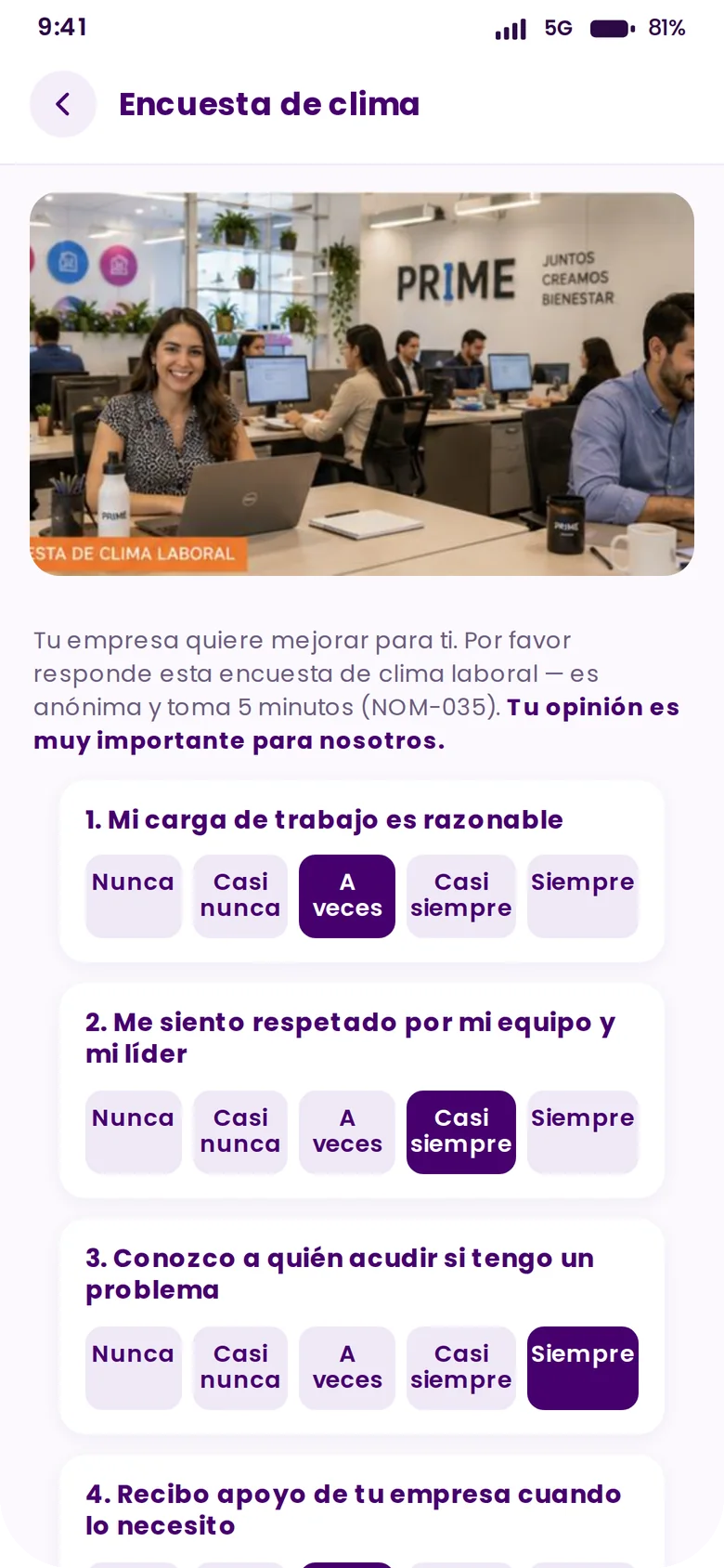 Encuesta de clima laboral en la app