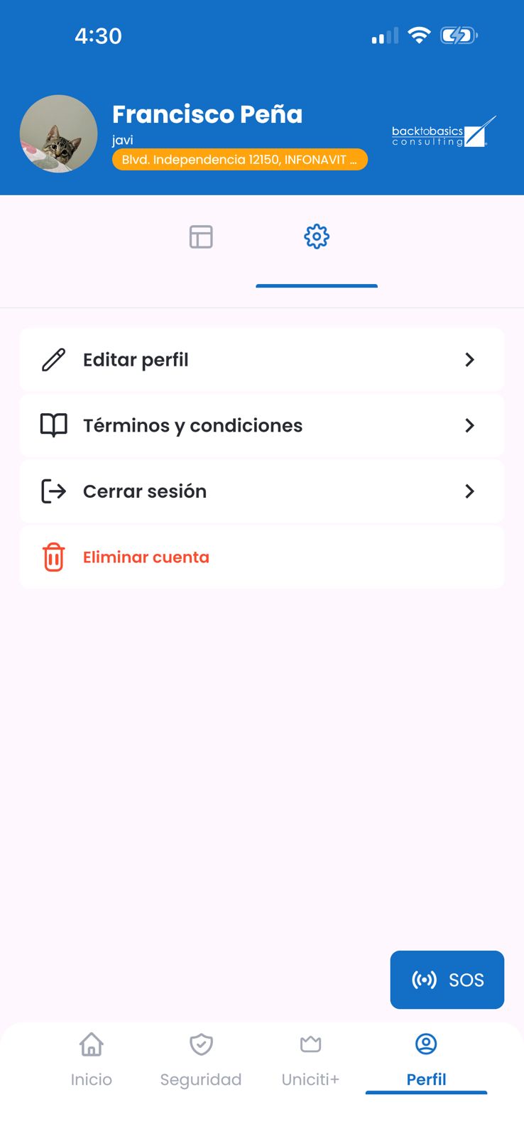 Captura de la opción eliminar cuenta en la app
